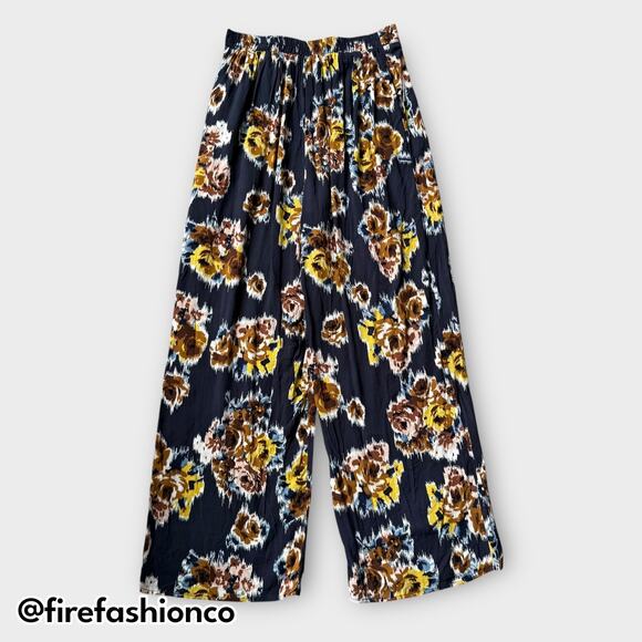Band of Gypsies Wide Leg Floral Boho Pants Navy Blue Rayon Medium - Picture 3 of 8